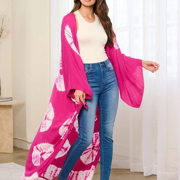 Fantastic Fawn Tops - BOHO Longline Kimono Fuchsia